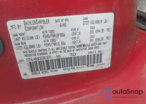 2003 Dodge Dakota Slt z USA, uszkodzony, nr VIN 1D7HL48N63S361877